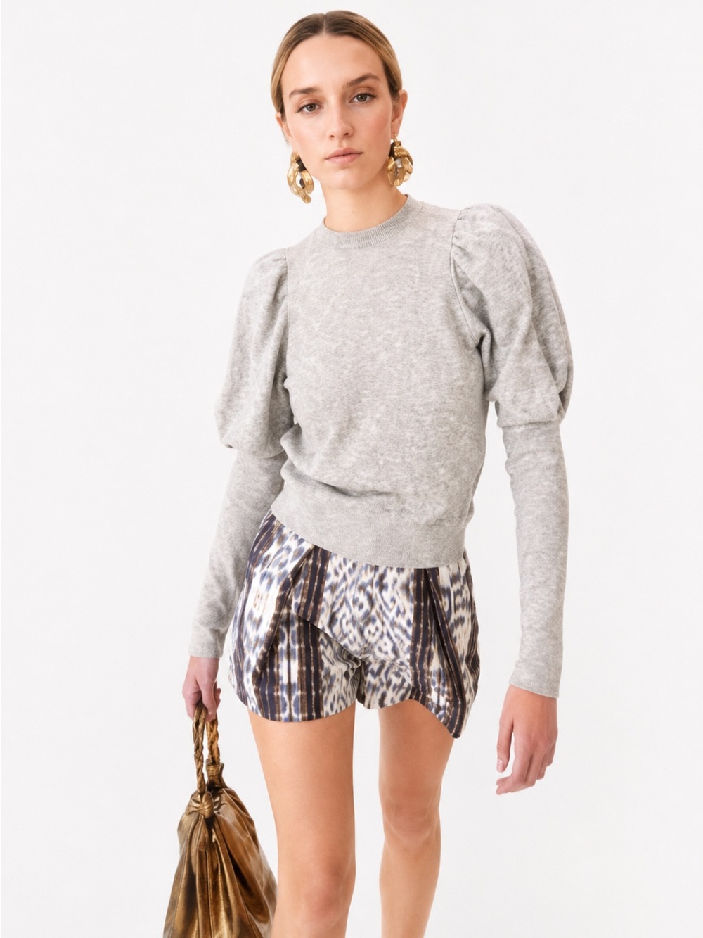 Ulla Johnson Philo Puff Sleeve Crewneck Pullover Sweatshirt  Light Grey  XS